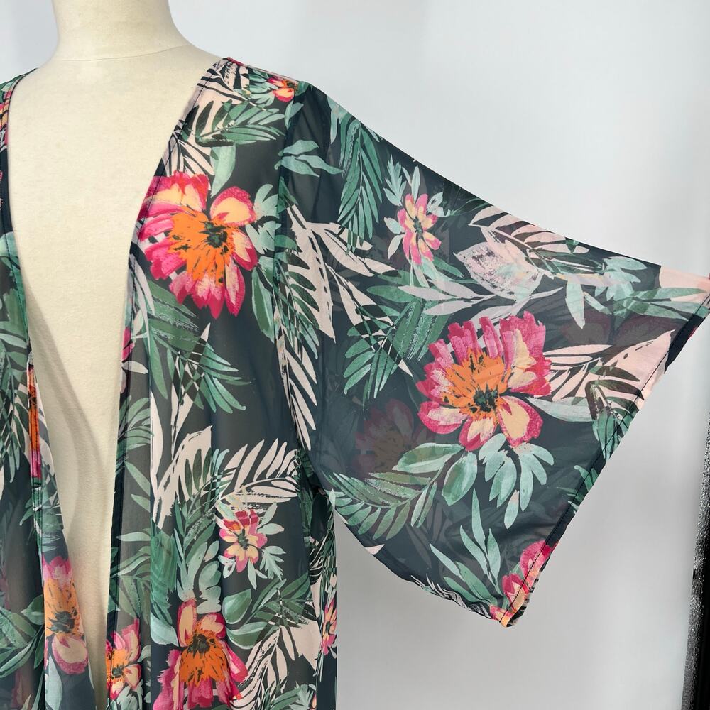 Mary and Mabel Kimono Top Cover Tropical Floral S/M Green Pink Open Sheer Long - Picture 4 of 9